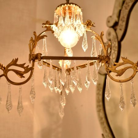 Vintage Italian Style Brass Enameled Chandelier with Twisted Icicles Crystal Drops